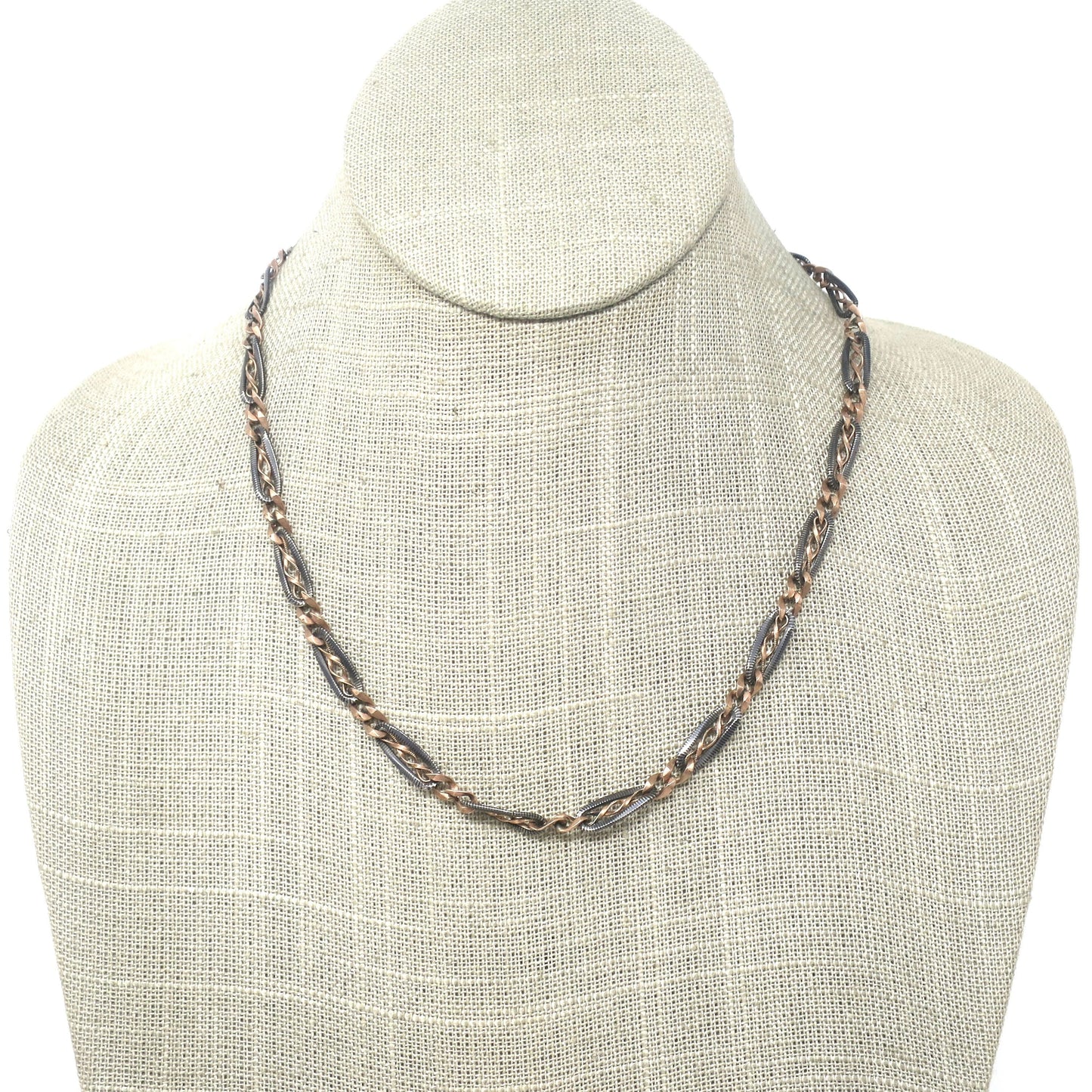 Antique Victorian 800 Silver Niello Watch Chain Necklace: 10k Rose Gold Vermeil, 17.75" MB24