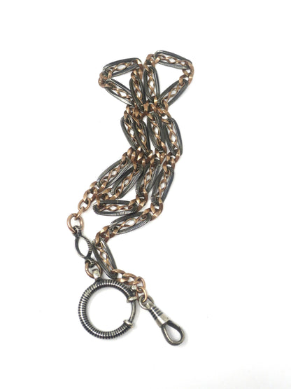 Antique Victorian 800 Silver Niello Watch Chain Necklace: 10k Rose Gold Vermeil, 17.75" MB24