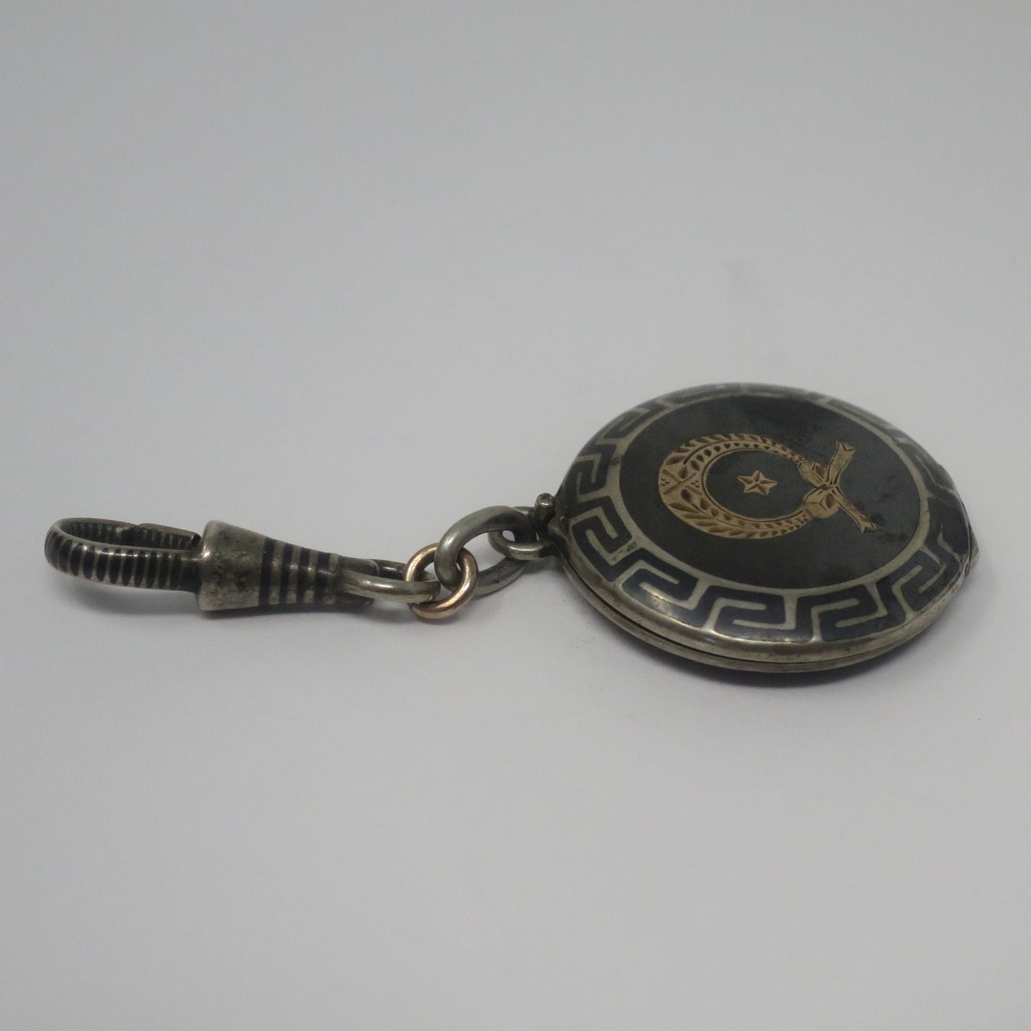 Antique Victorian Niello Silver Locket Pendant: Rose Gold Gilt Laurel Wreath, Greek Key Design N24