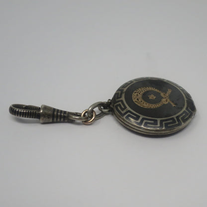 Antique Victorian Niello Silver Locket Pendant: Rose Gold Gilt Laurel Wreath, Greek Key Design N24