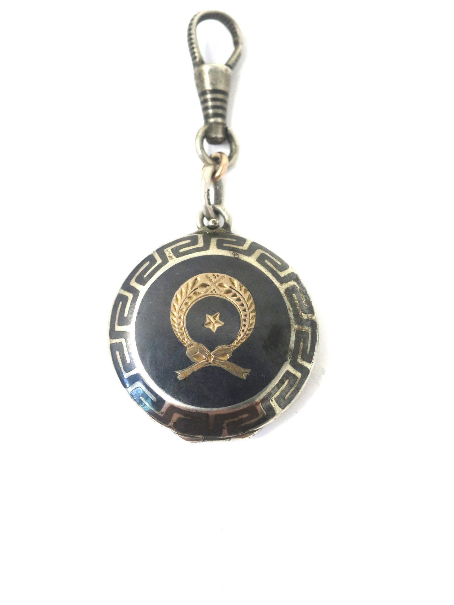 Antique Victorian Niello Silver Locket Pendant: Rose Gold Gilt Laurel Wreath, Greek Key Design N24