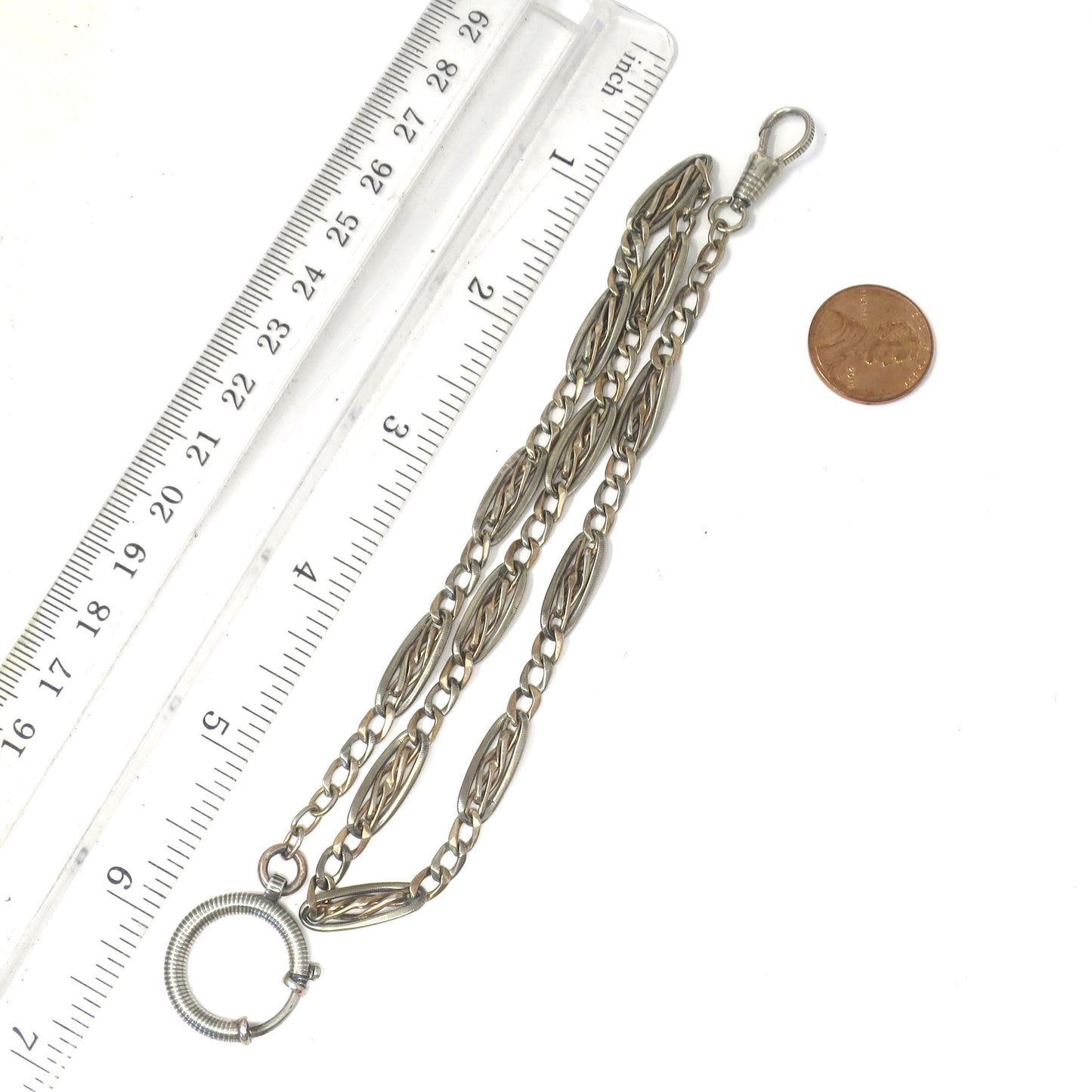 Antique Victorian Niello Silver & 9k Rose Gold Vermeil Chain Necklace, 17" inches MB54