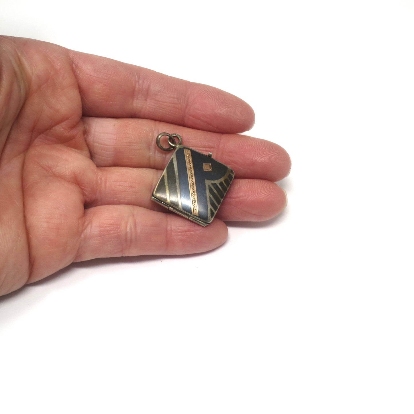 Antique Victorian Niello & Rose Gold Gilt Square Locket Pendant N23