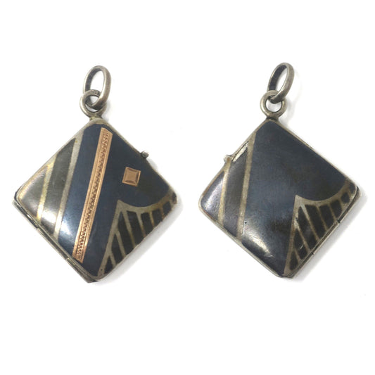 Antique Victorian Niello & Rose Gold Gilt Square Locket Pendant N23