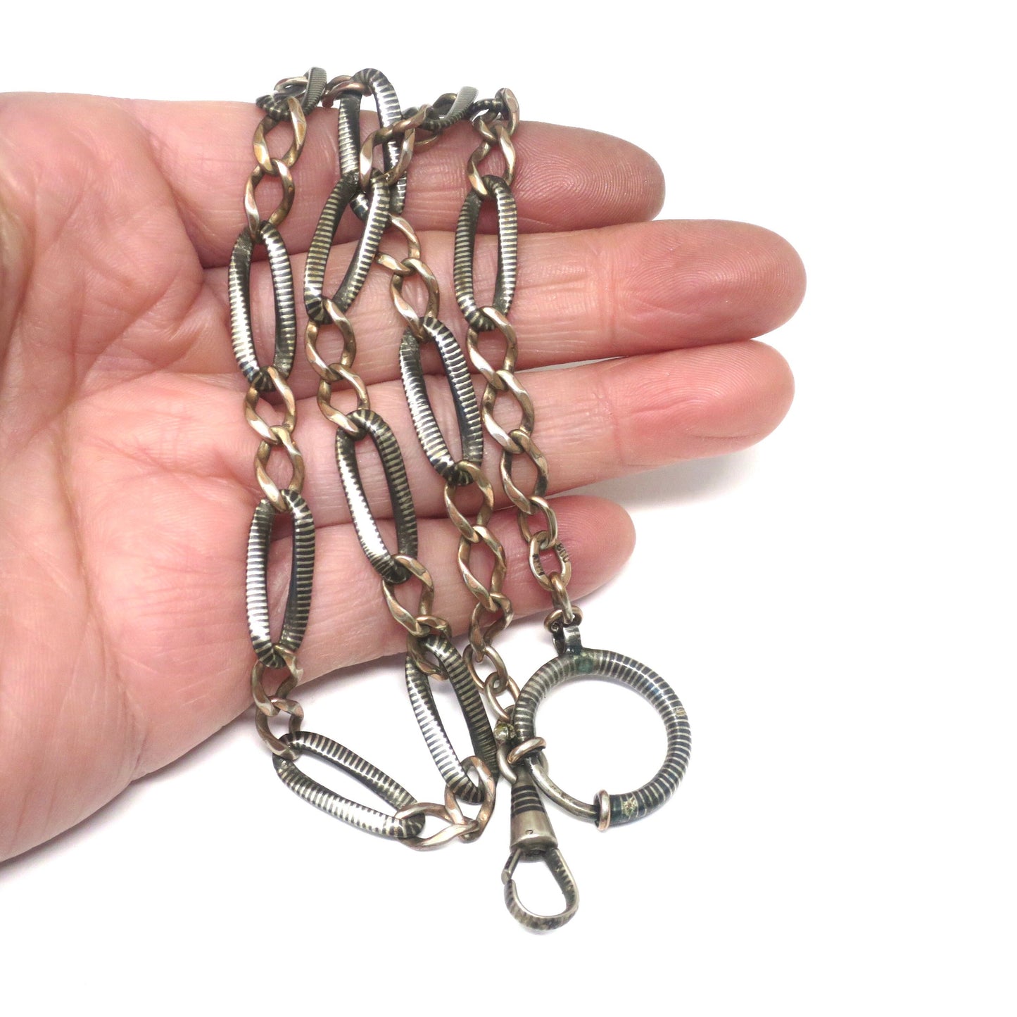 Antique Victorian Niello Silver & 10k Rose Gold Gilt Chain Necklace, 18.75" inches MB58