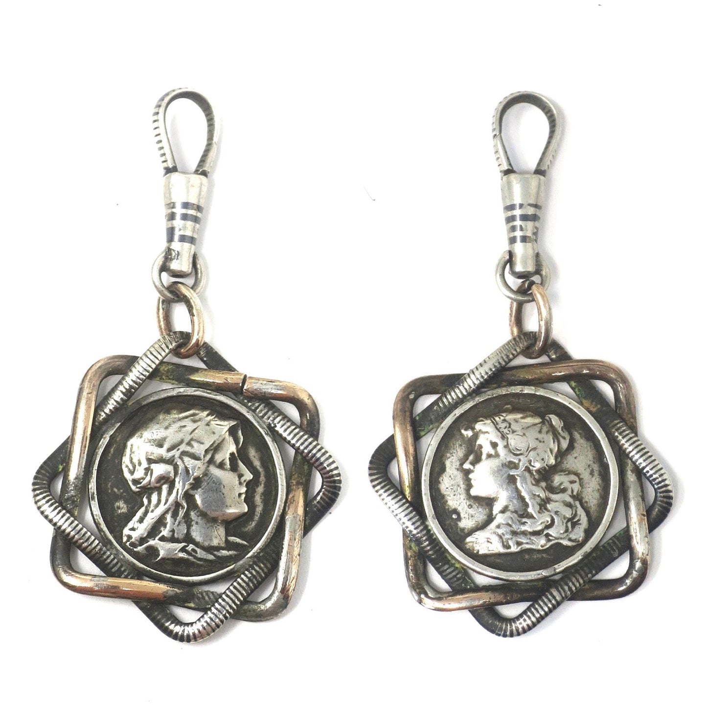 Antique Victorian Double Sided Female Warriors Niello & Rose Gold Pocket Watch Fob Pendant N8