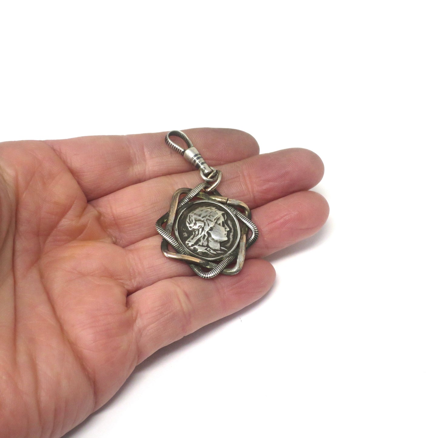 Antique Victorian Double Sided Female Warriors Niello & Rose Gold Pocket Watch Fob Pendant N8