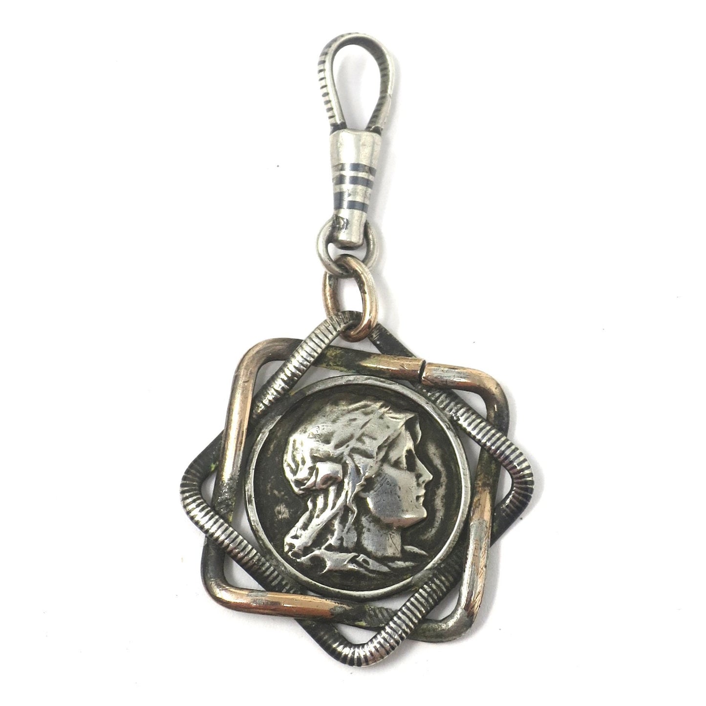 Antique Victorian Double Sided Female Warriors Niello & Rose Gold Pocket Watch Fob Pendant N8