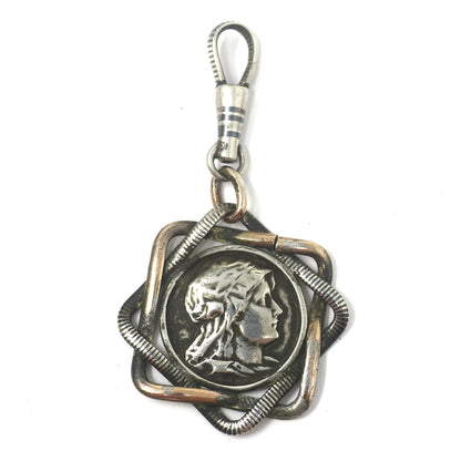 Antique Victorian Double Sided Female Warriors Niello & Rose Gold Pocket Watch Fob Pendant N8