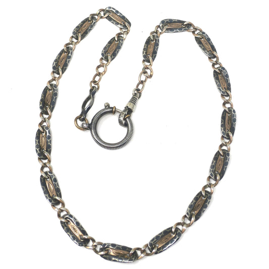 Antique Victorian 800 Silver Niello Rose Gold Vermeil Watch Chain Necklace (18.25" inches) MB38