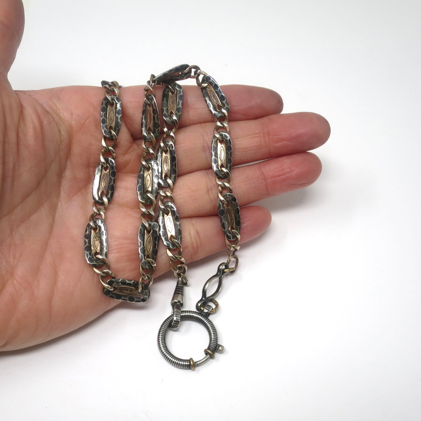 Antique Victorian 800 Silver Niello Rose Gold Vermeil Watch Chain Necklace (18.25" inches) MB38