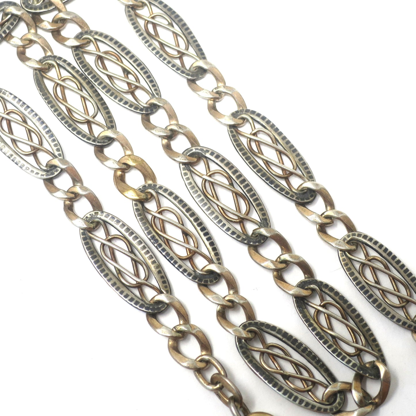 Antique Victorian 800 Niello Silver & Rose Gold Gilt Watch Chain Necklace MB20