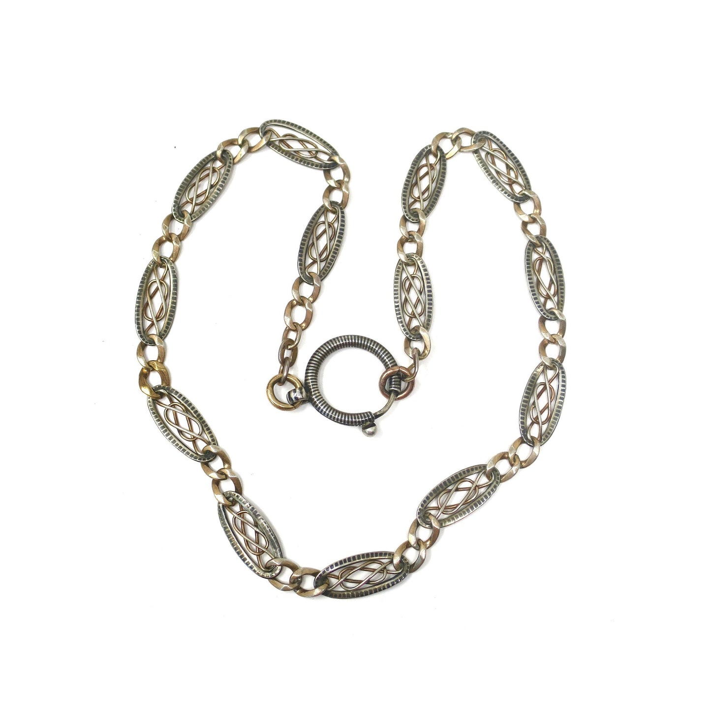 Antique Victorian 800 Niello Silver & Rose Gold Gilt Watch Chain Necklace MB20