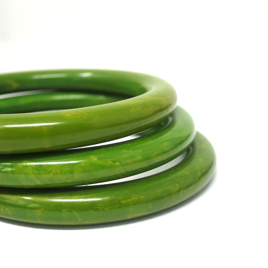 3 pcs Vintage Green Apple with Yellow Swirls Bakelite Bangles, Boho Rockabilly Catalin, Collectible