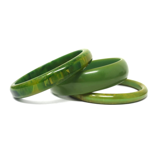 3 pcs Vintage Green with Yellow Swirls Bakelite Bangles, Boho Rockabilly Catalin, Collectible