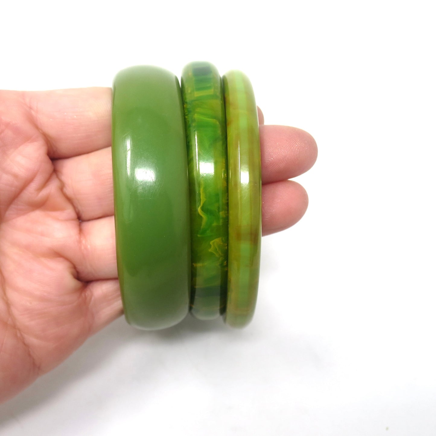 3 pcs Vintage Green with Yellow Swirls Bakelite Bangles, Boho Rockabilly Catalin, Collectible