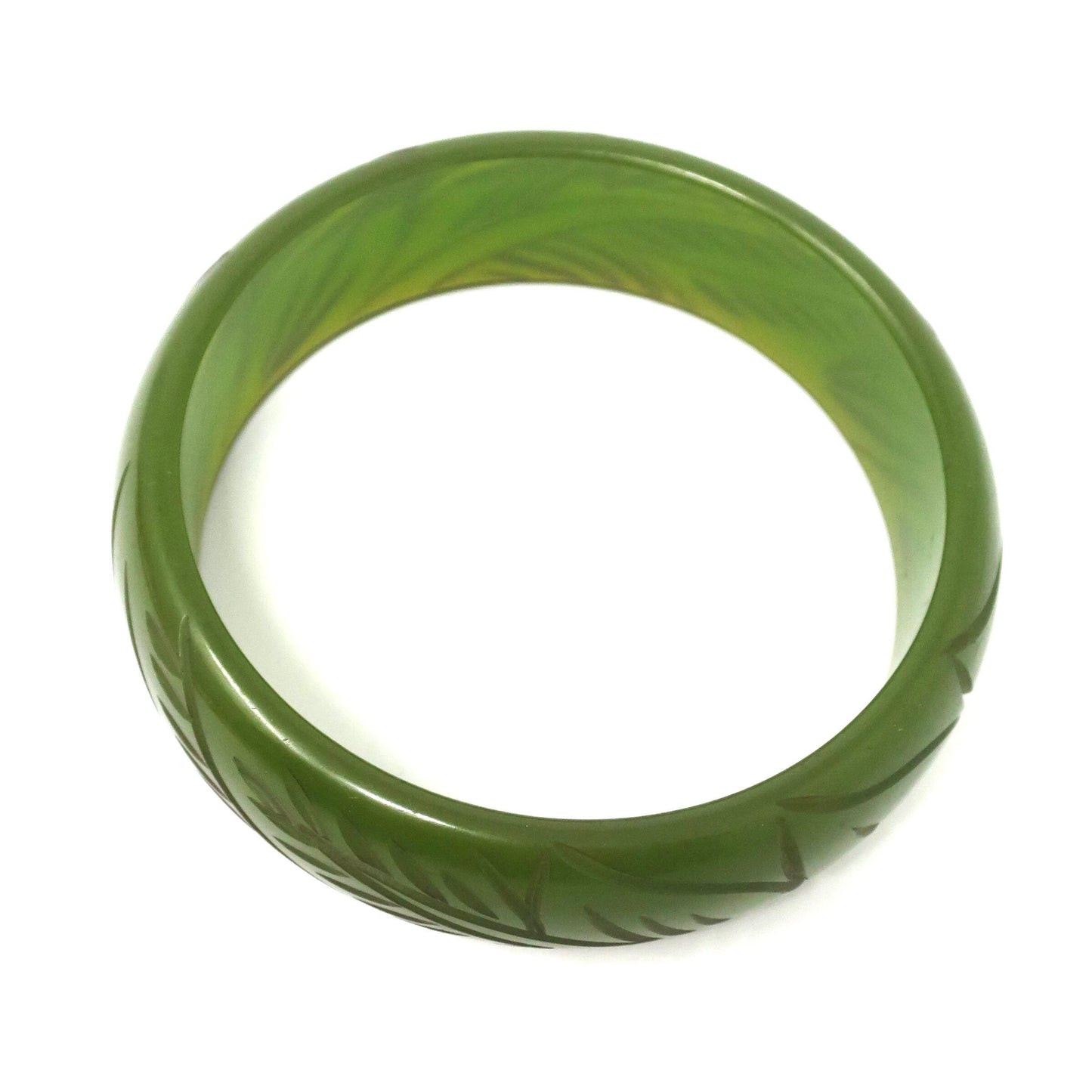 Vintage Carved Leaf Leaves Semi Transparent Olive Green Bakelite Bangle Bracelet