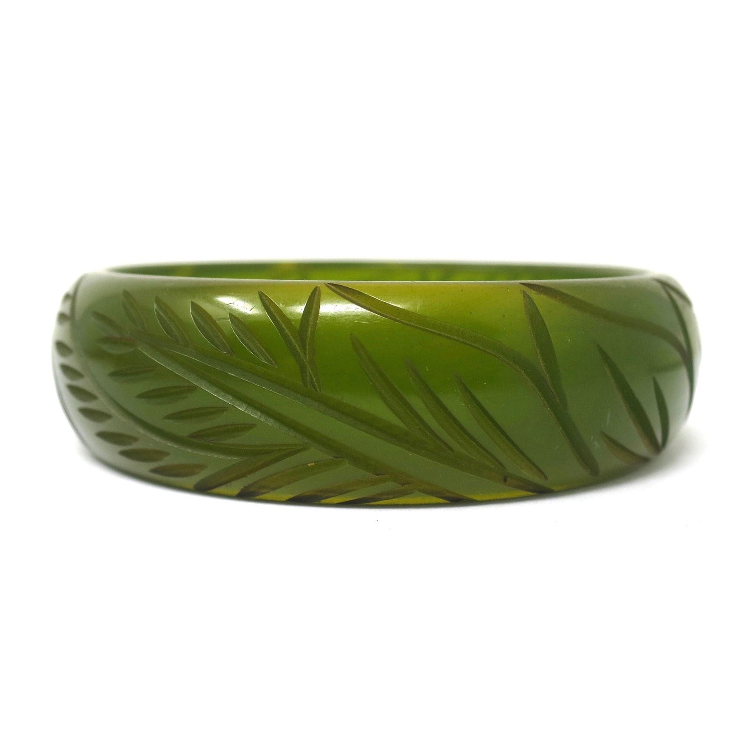 Vintage Carved Leaf Leaves Semi Transparent Olive Green Bakelite Bangle Bracelet