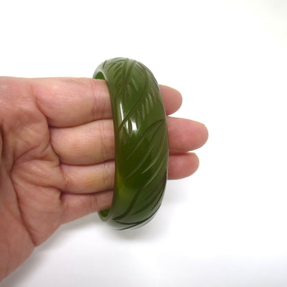 Vintage Carved Leaf Leaves Semi Transparent Olive Green Bakelite Bangle Bracelet