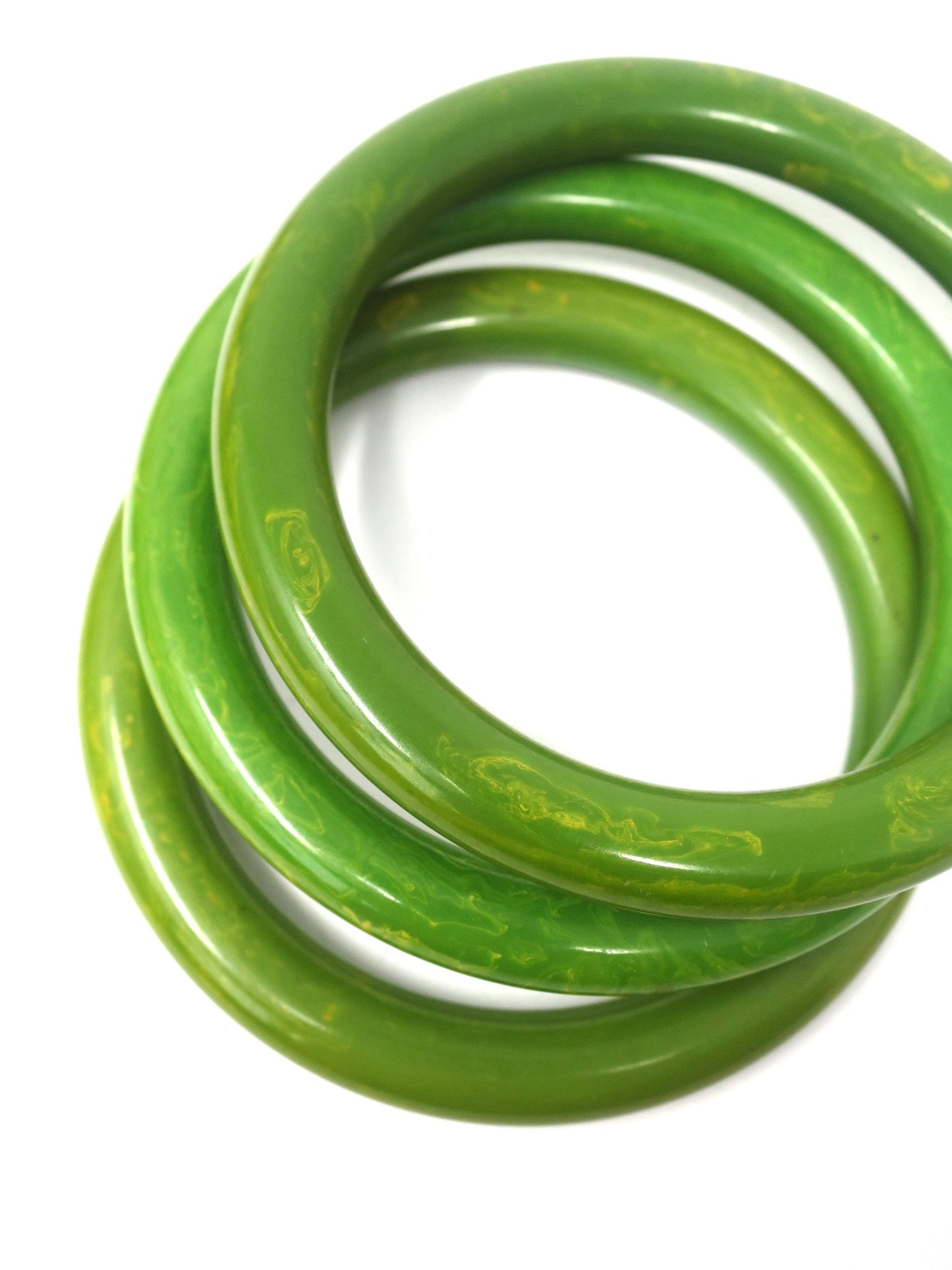3 pcs Vintage Green Apple with Yellow Swirls Bakelite Bangles, Boho Rockabilly Catalin, Collectible