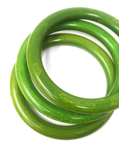 3 pcs Vintage Green Apple with Yellow Swirls Bakelite Bangles, Boho Rockabilly Catalin, Collectible