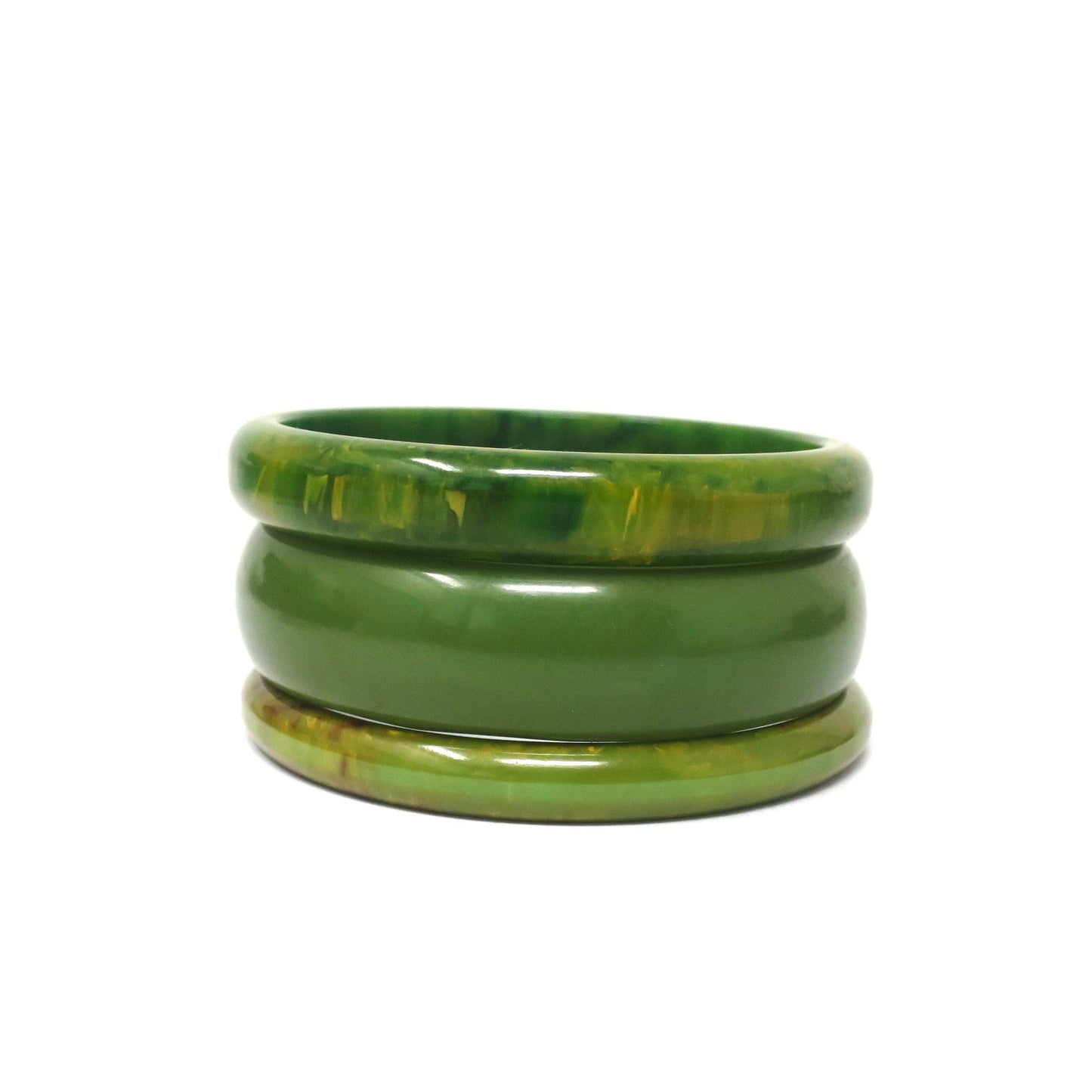 3 pcs Vintage Green with Yellow Swirls Bakelite Bangles, Boho Rockabilly Catalin, Collectible