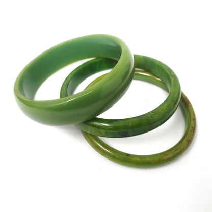 3 pcs Vintage Green with Yellow Swirls Bakelite Bangles, Boho Rockabilly Catalin, Collectible