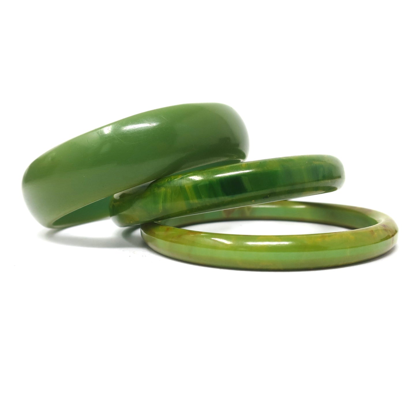 3 pcs Vintage Green with Yellow Swirls Bakelite Bangles, Boho Rockabilly Catalin, Collectible