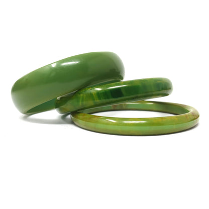 3 pcs Vintage Green with Yellow Swirls Bakelite Bangles, Boho Rockabilly Catalin, Collectible
