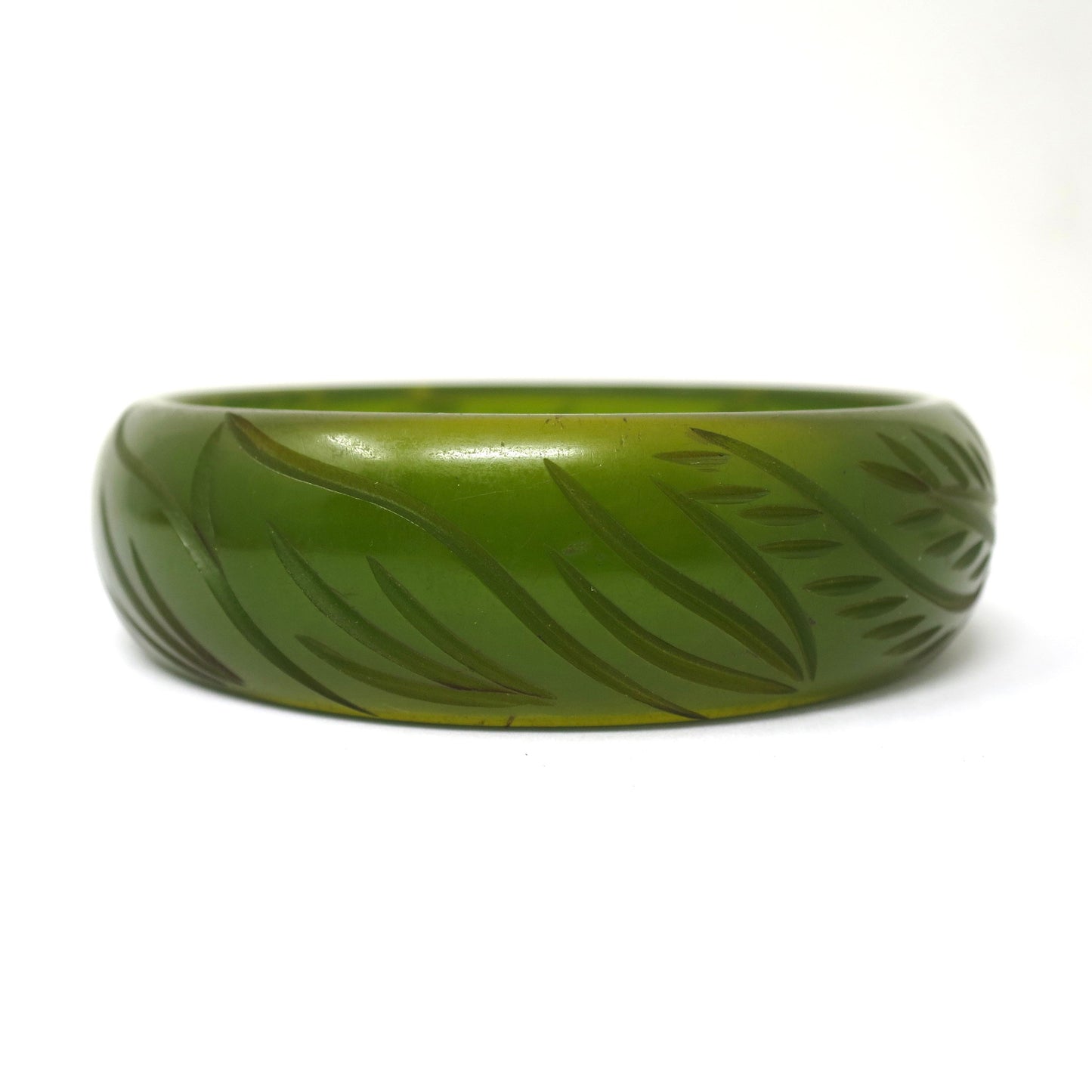 Vintage Carved Leaf Leaves Semi Transparent Olive Green Bakelite Bangle Bracelet