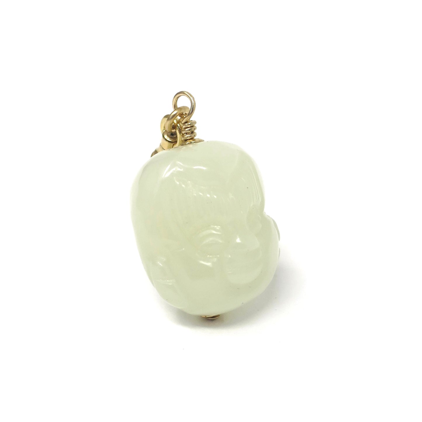 Vintage Monkey King Celadon Jade Pendant: Carved Nephrite Bead, Gold Filled