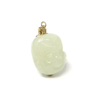 Vintage Monkey King Celadon Jade Pendant: Carved Nephrite Bead, Gold Filled