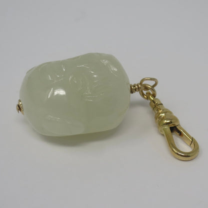 Vintage Monkey King Celadon Jade Pendant: Carved Nephrite Bead, Gold Filled