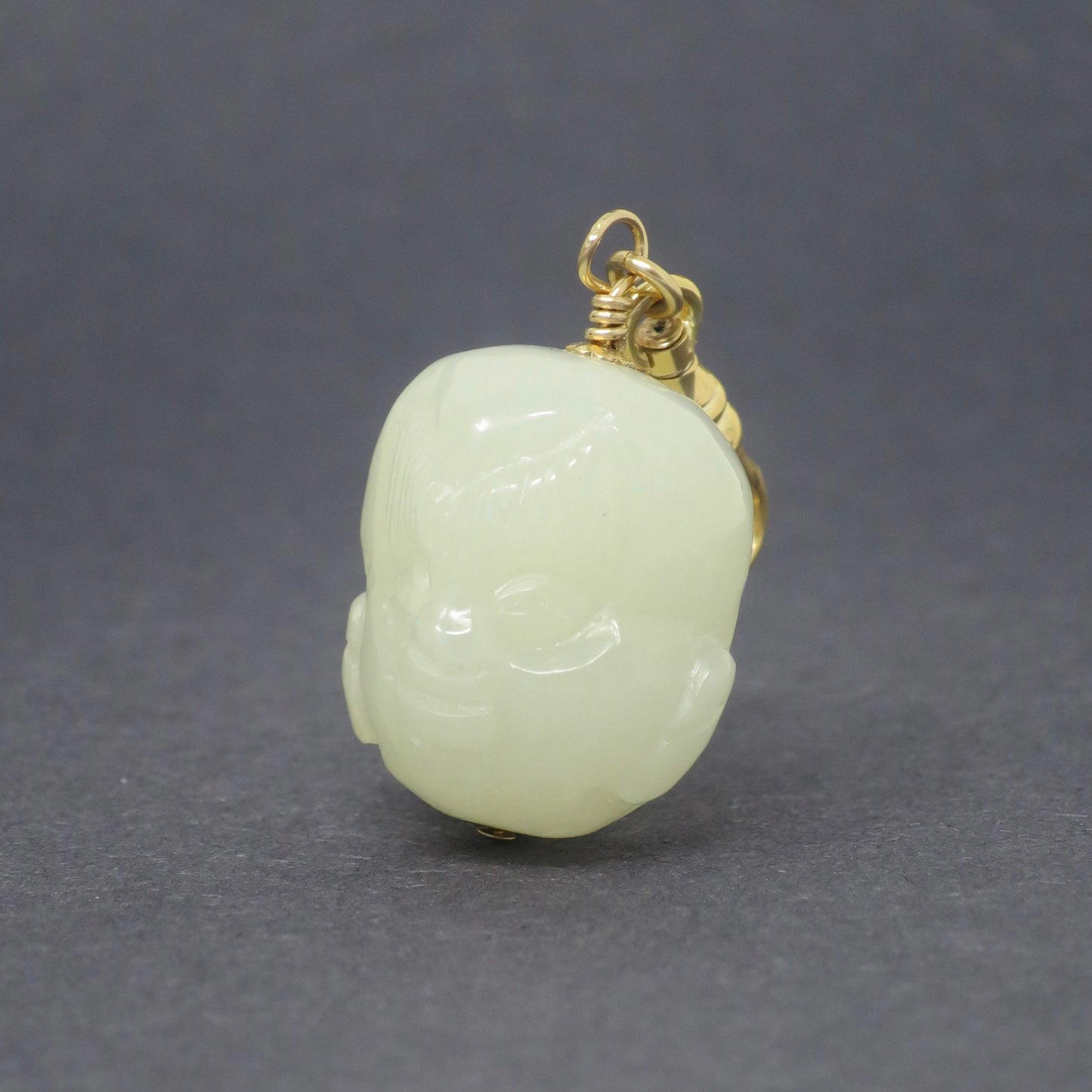 Vintage Monkey King Celadon Jade Pendant: Carved Nephrite Bead, Gold Filled