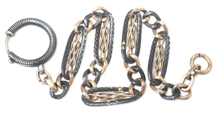 Antique Victorian Niello 800 Silver & 12k Rose Gold Gilt Chain Bracelet, 8.75" inches MB57