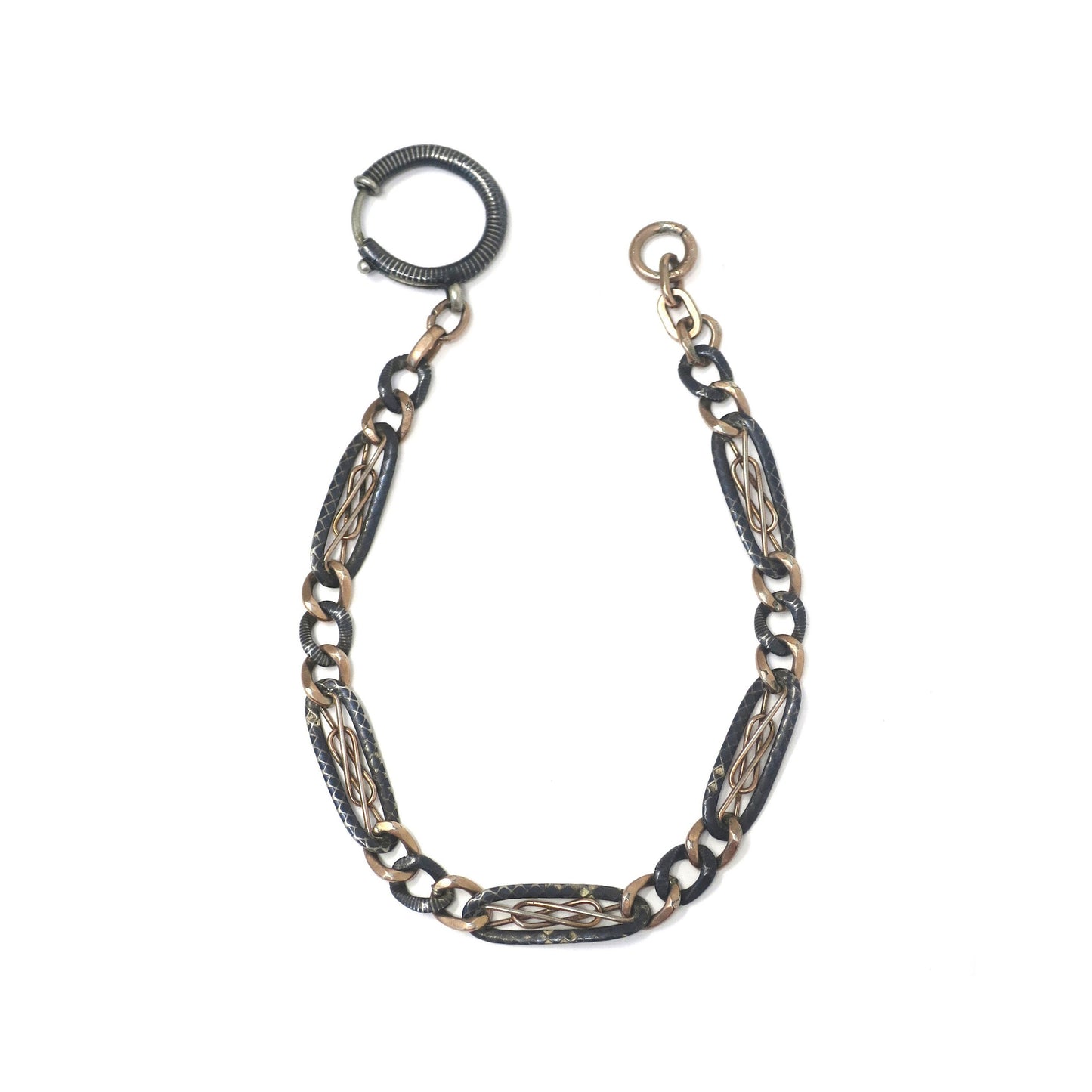 Antique Victorian Niello 800 Silver & 12k Rose Gold Gilt Chain Bracelet, 8.75" inches MB57
