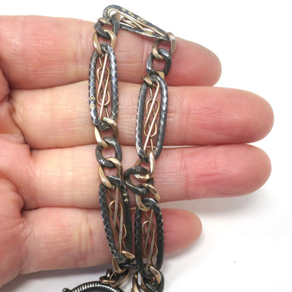 Antique Victorian Niello 800 Silver & 12k Rose Gold Gilt Chain Bracelet, 8.75" inches MB57