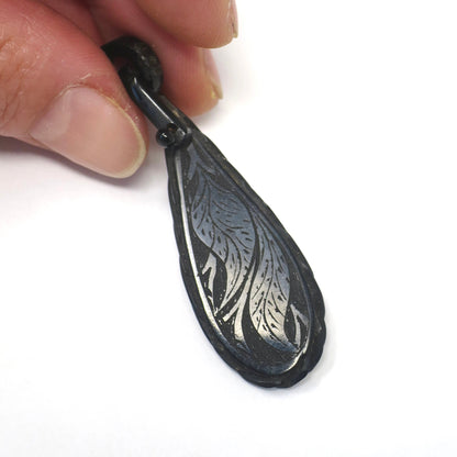 Victorian Carved Whitby Jet Mourning Pendant with Hinged Bail & Engraved Leaves