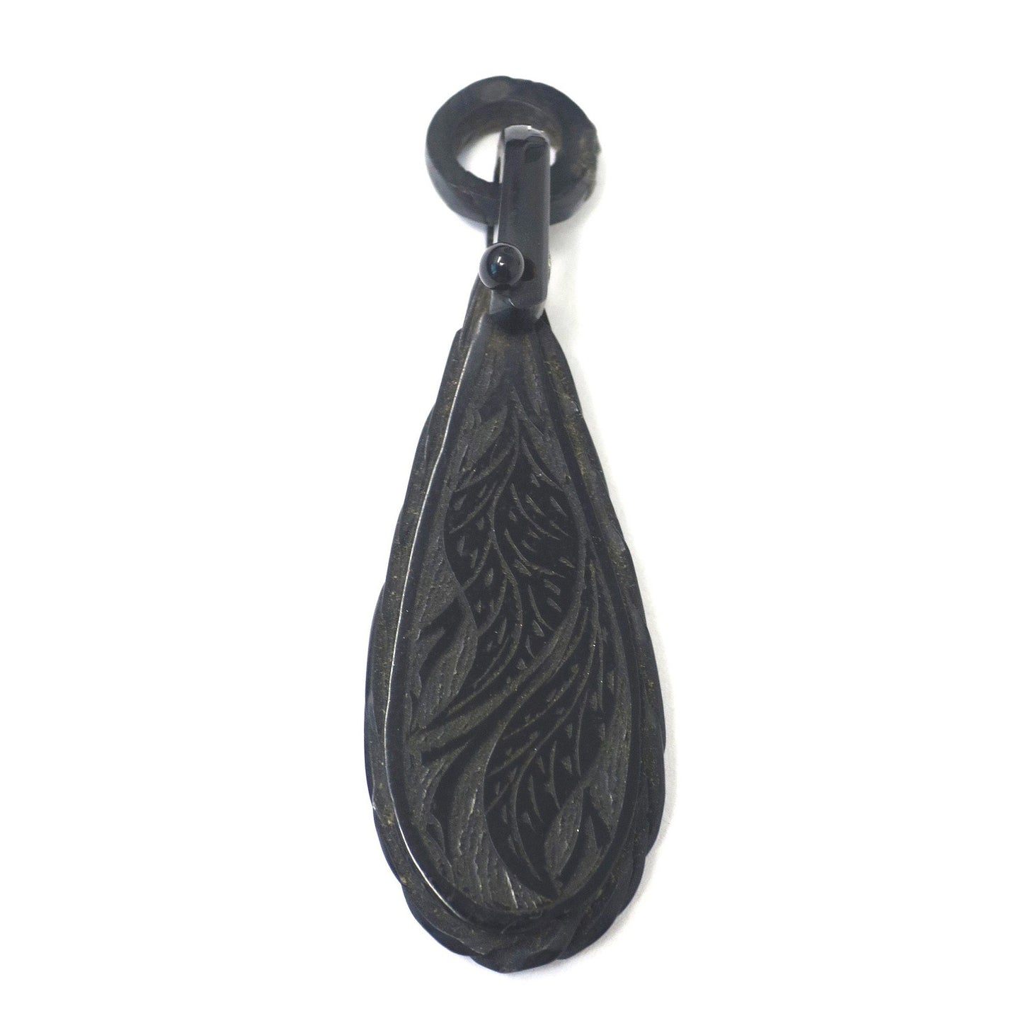 Victorian Carved Whitby Jet Mourning Pendant with Hinged Bail & Engraved Leaves
