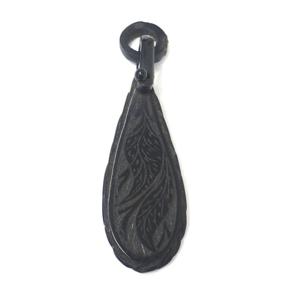 Victorian Carved Whitby Jet Mourning Pendant with Hinged Bail & Engraved Leaves