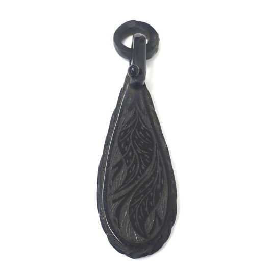 Victorian Carved Whitby Jet Mourning Pendant with Hinged Bail & Engraved Leaves
