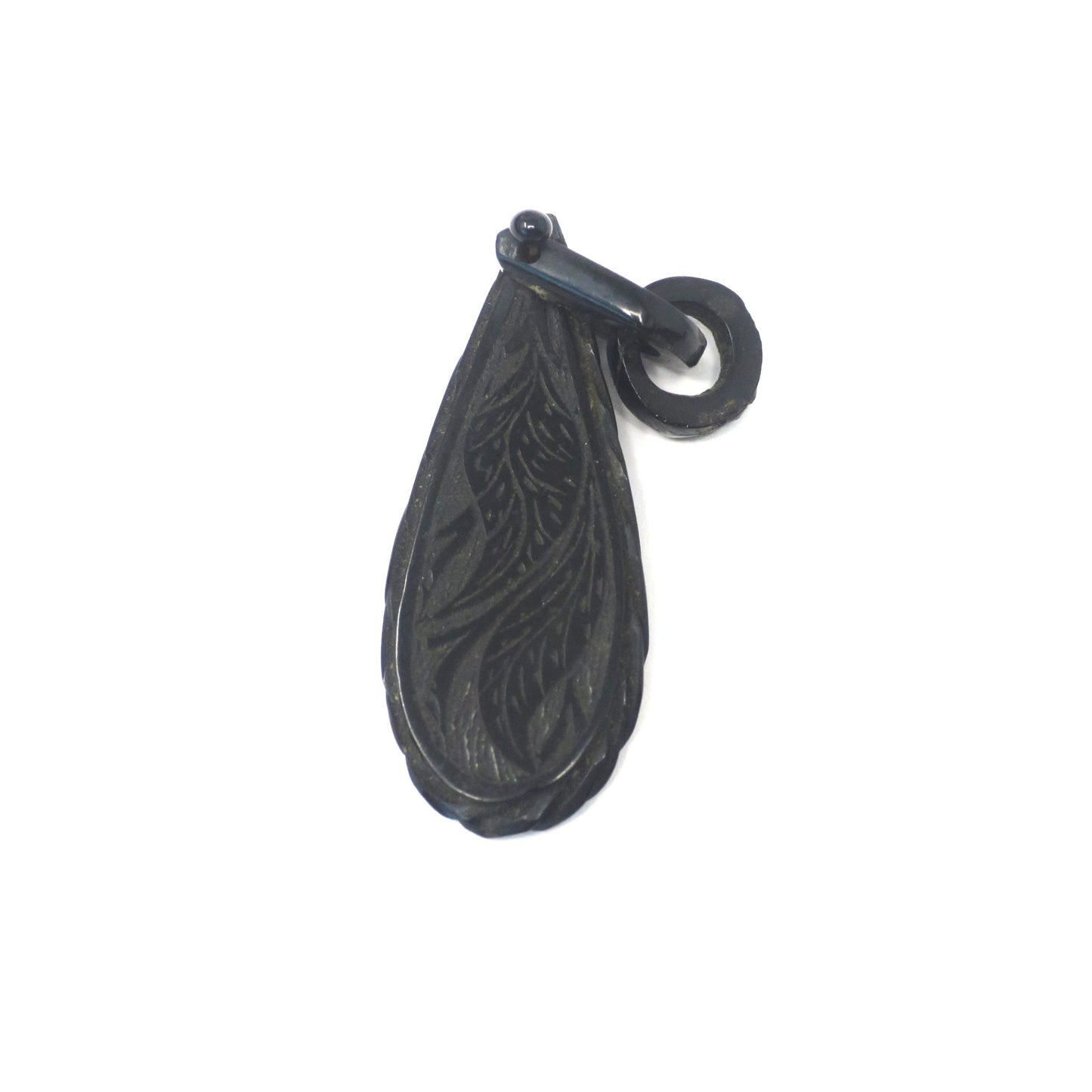 Victorian Carved Whitby Jet Mourning Pendant with Hinged Bail & Engraved Leaves