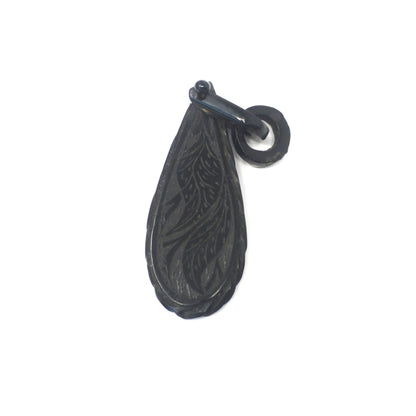 Victorian Carved Whitby Jet Mourning Pendant with Hinged Bail & Engraved Leaves