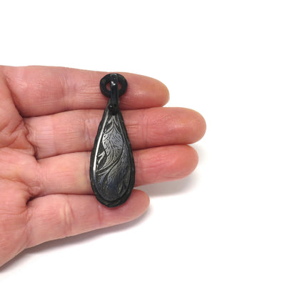 Victorian Carved Whitby Jet Mourning Pendant with Hinged Bail & Engraved Leaves