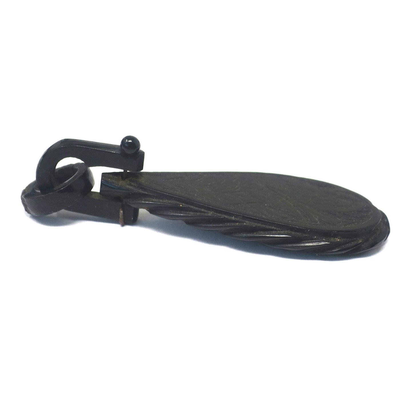 Victorian Carved Whitby Jet Mourning Pendant with Hinged Bail & Engraved Leaves