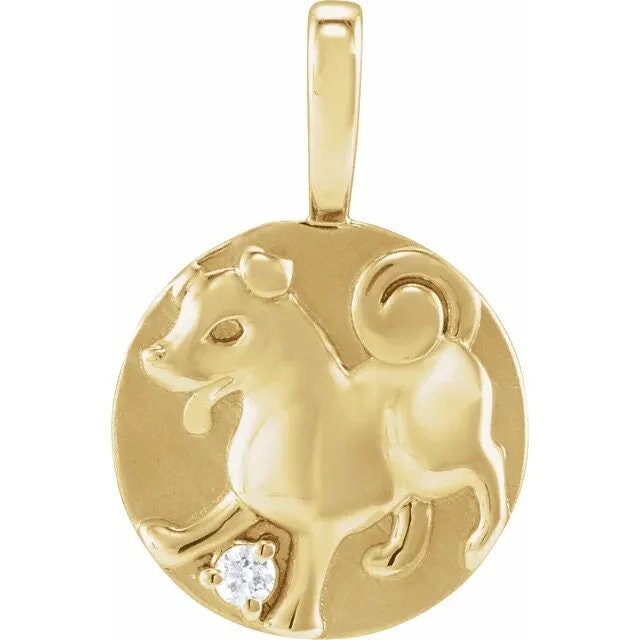 14K Yellow Gold .015 CT Natural Diamond Chinese Zodiac Year of the Dog Pendant