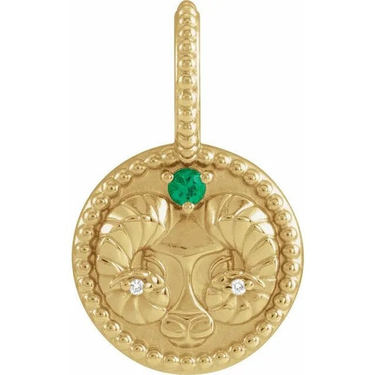 14K Yellow Gold Natural Emerald & .005 CTW Natural Diamond Aries The Ram Charm/Pendant Necklace