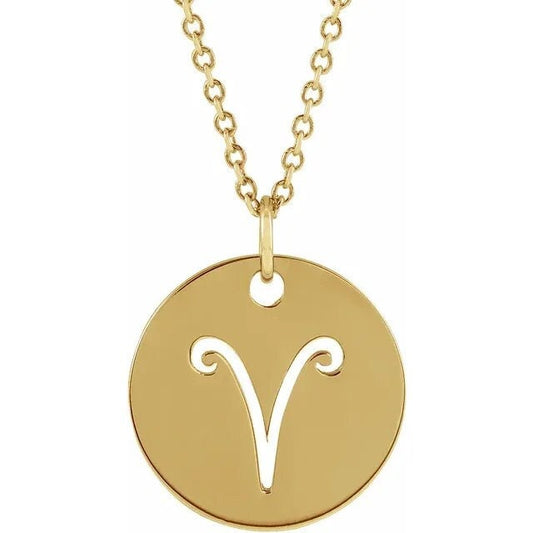 14K Yellow Gold 16.5 mm Aries The Ram Zodiac Disc Charm/Pendant Necklace