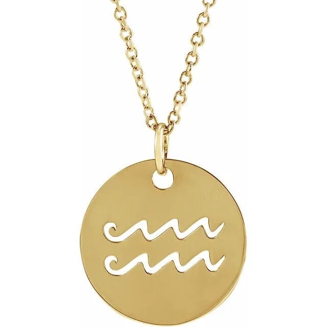 14K Yellow Gold 16.5 mm Aquarius Zodiac Disc Charm Pendant