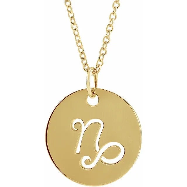 14K Yellow Gold 16.5 mm Capricorn The Goat Zodiac Disc Charm/Pendant Necklace